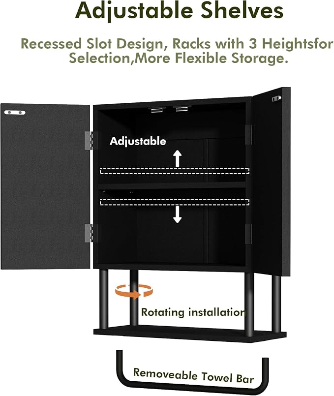 RUSTOWN Fluted Bathroom Wall Cabinet with 2 Doors, 3-Tier Medicine Cabinet | Modern Farmhouse Wall Mounted Cabinets, Over The Toilet Storage Cabinet, Adjustable Shelf and Towel Bar, Small