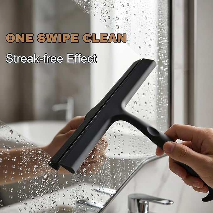Shower Squeegee for Glass Doors, 10-Inch Silicone, Fishtail Hook, Black | One-Piece Silicone Squeegee for Shower Glass, Fishtail Hook, Non-Slip Grip, Quiet Glide; Tile, Mirrors, Windows & Car Glass
