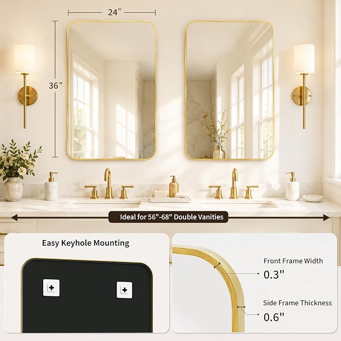 2-Pack 24x36 Inch Brushed Gold Rounded Rectangle Vanity Mirrors | Double Vanity or Two Bathrooms, Pair or Separate Use, Aluminum Frame, Slim Front Profile, Two-Way Mount