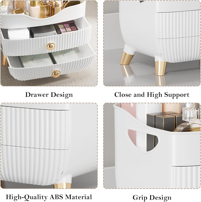 Makeup Organizer Countertop, Large Capacity Skincare Organizer for Vanity | Cosmetics Organizer with Drawes & Handle, Cosmetic Display Cases Storage Box for Dresser, Bathroom, Gifts for Women(White)
