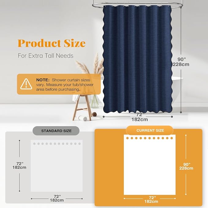72x90 Boho Scalloped Linen Textured Cloth Shower Curtain, Navy Blue | Long Size, 230GSM Waterproof Polyester, Heavy Duty Fabric, 12 Plastic Hooks, Elegant Modern Farmhouse Style, Machine Washable