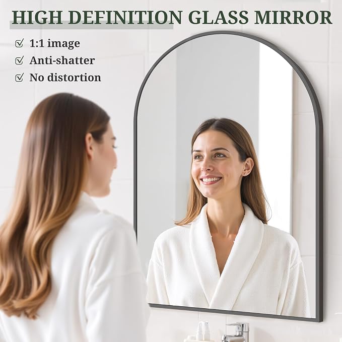 Arched Wall Mirror 38x26 Inch Black Bathroom Vanity Mirror with Metal Frame | Modern Arch Mirror for Bedroom, Living Room, Entryway, Wall Mounted Decorative Mirror