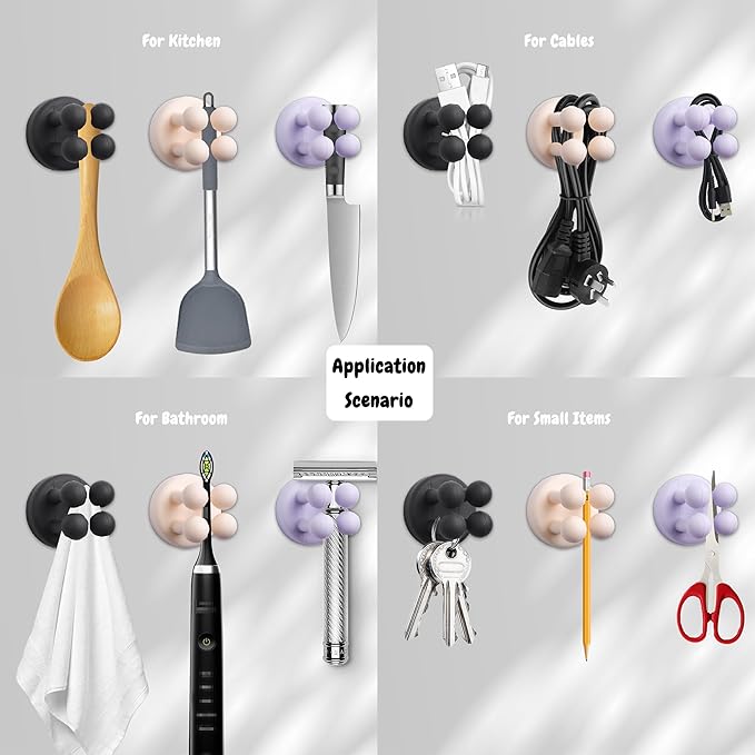 8Pcs Silicone Toothbrush Holders for Bathrooms,Waterproof Self Adhesive Multifunctional Hook for Hanging Towel Key Plug Cable for Bathroom Kitchen Living Room Office WhitePinkYellowGreen