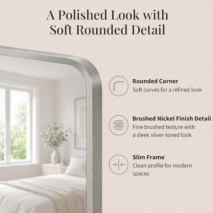 2-Pack 24x30 Inch Brushed Nickel Rounded Rectangle Vanity Mirrors | Double Vanity or Two Bathrooms, Pair or Separate Use, Aluminum Frame, Slim Front Profile, Two-Way Mount