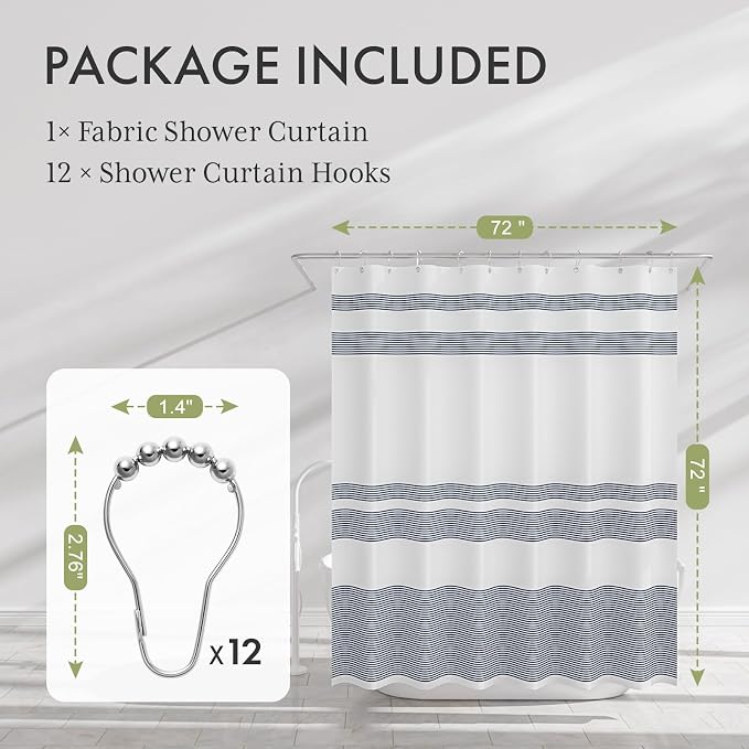 AmazerBath Navy Blue Shower Curtain, Blue and White Striped Bathroom Shower Curtain with 12 Shower Curtain Hooks, Rustic Fabric Blue and White, 72x72 Inches