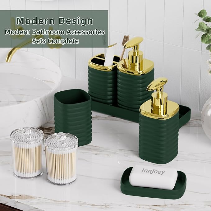 Bathroom Set - 10PC Bathroom Accessory Set, Green Bathroom Set, Luxury Bathroom Accessories Set, Trash Can, Toilet Brush, Soap Dish, Qtip Holder & Soap Dispenser