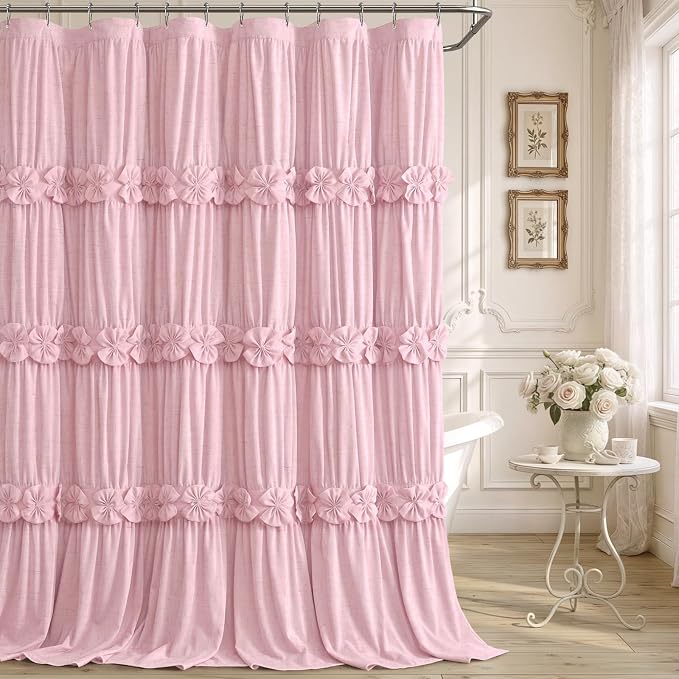 Ruffle Farmhouse Linen Shower Curtain with Vintage Pink Linen 72" W x 72" H | Linen Blend Fabric, Ruffle Bow and Ruffled Hem，Linen Texture，Machine Washable，12 Metal Holes and Plastic Hooks