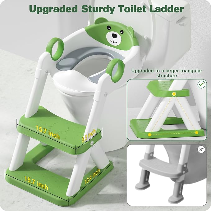 Potty Training Seat, Upgrade Toddler Toilet Seat for Kids Boys Girls, 2 in 1 Potty Training Toilet, Splash Guard Anti-Slip Pad Step Stool(Green-Pu)