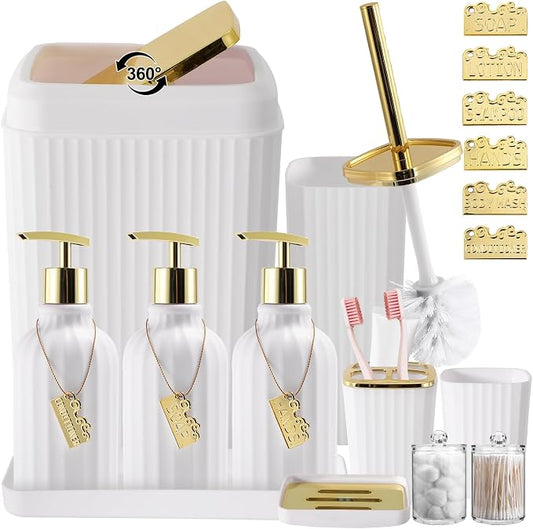17PCS Bathroom Accessory Set Bathroom Set White and Gold Bathroom Accessories,Toilet Brush, Trash Can, Qtip Holder Dispenser& 3PCS Soap Dispenser