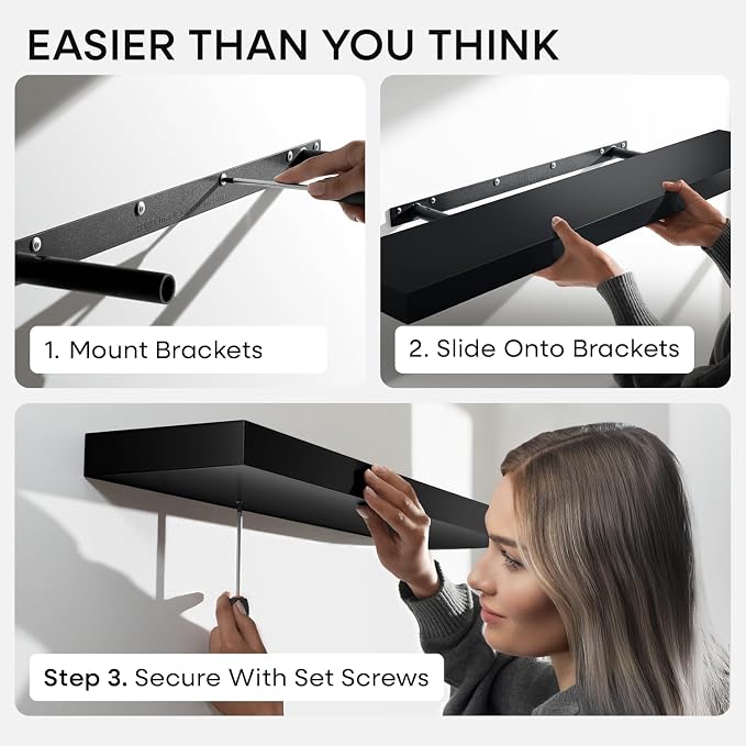 Black Floating Shelves 24 inch, High End Solid Real Wood 24inch Bathroom Floating Shelf for Wall Mounted, Black Wooden 24in Floating Shelves, Heavy Duty Bracket, 24 X 6.5 X 1.75 in, Set of 4