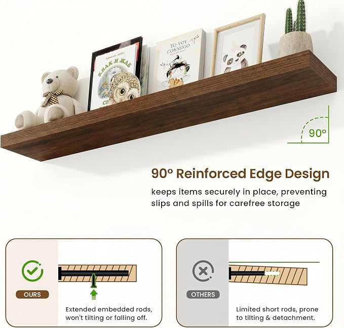 9.25in Depth 55in Floating Shelves, 55"W x 9.25"D x 1.5"H, Walnut, 2Pcs | Long Wall Mounted Engineered Wood Shelves for Wall with Invisible Brackets for Living Room, Bedroom, Bathroom, Kitchen