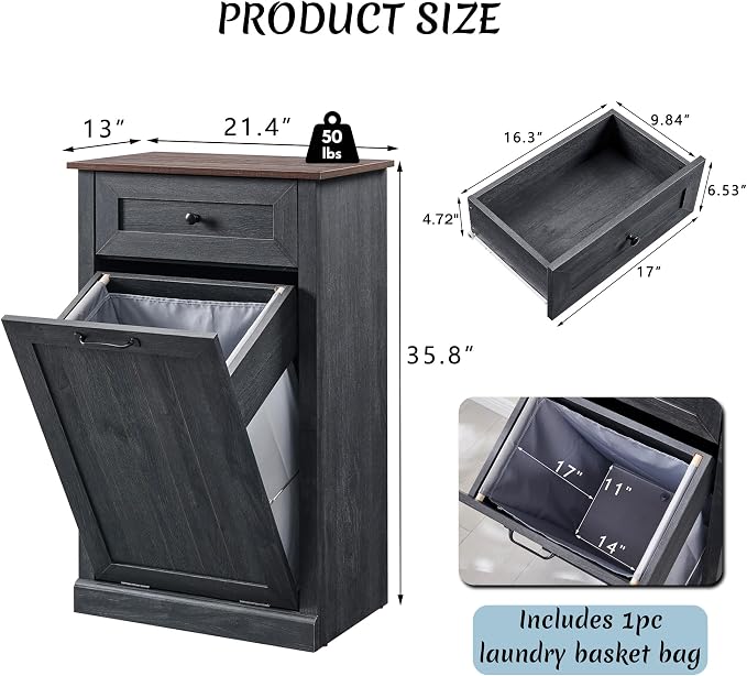 IFBUY Tilt Out Laundry Hamper Cabinet, Trash Can Cabinet, Dark Grey | 10 Gallon Farmhouse Trash Cabinet w/Drawer, Hidden Wood Garbage Can Cabinet w/Laundry Storage Basket for Bathroom, Kitchen