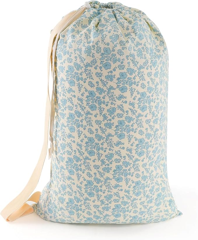 Laundry Bag Backpack for Dorm & Travel, 29 x 18" Large Dirty Bag | Cute Blue Floral College Clothes Pouch with Straps and Handles. Ideal for Apartment, Camp and Portable Bag for Laundromat