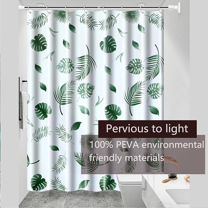 TIKABC Shower Curtain Liner, 4G PEVA Green Leaf Shower Liner, Plastic Waterproof Shower Curtains, 72x72 inch with Grommet Holes 3 Magnetic Weights
