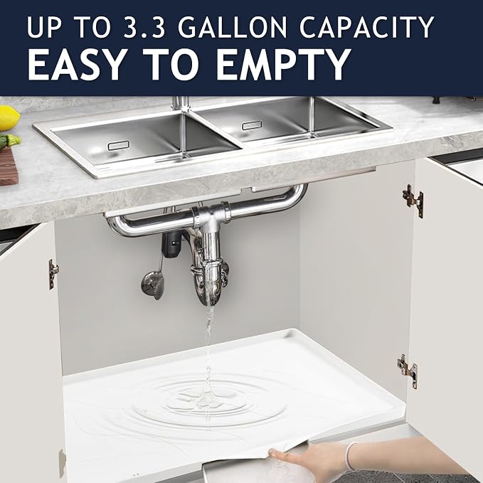 Heavy Duty Silicone Under Sink Mats for Kitchen Waterproof 37" x 19", Extra Thick Under Sink Rubber Mat Drip Tray, Raised Edge Under Sink Liner,Prevent Drips, Leaks, Spills,White