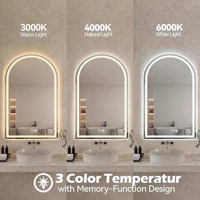 DUMOS 24"x32" LED Bathroom Mirror with Lights, Arched Vanity Mirror | Anti-Fog, Dimmable, 3-Color Light, Memory Function, Front Light and Backlit, Tempered Glass