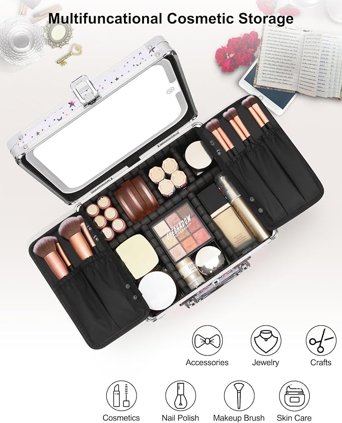 Relavel Makeup Bag with LED Mirror, Makeup Box Travel Train Case with Rechargeable Lighted Mirror, Cosmetic Brush Organizer Storage for Makeup Artists Gifts for Women and Girls, Shining Star
