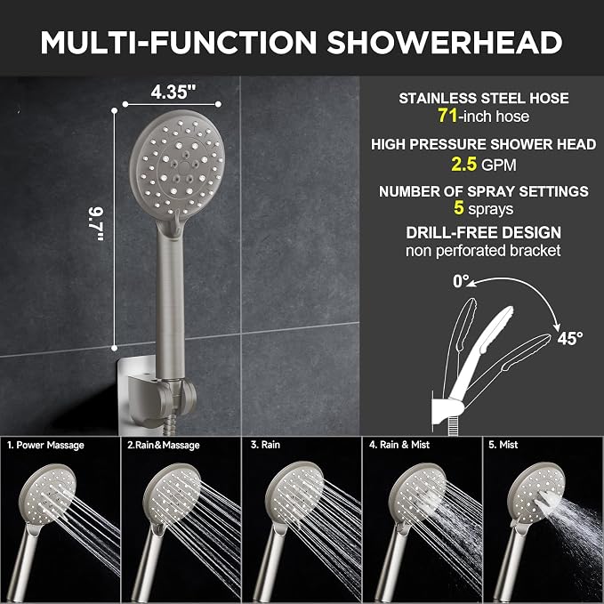 Veken Brushed Nickel 11.8" Shower Head with Handheld,Stain Resistant Finish | Handheld Shower Head with Multi Spray Modes,Rainfall Combo with 15" Metal Extension Arm,Detachable Dual Shower,Regaderas Para