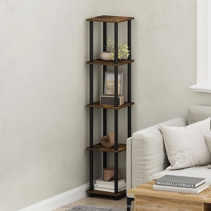 Furinno Turn-N-Tube Storage Shelves, 5-Tier Square Book Shelf, Corner Shelf, Toolless Open Shelves, Round Tubes, for Organization and Storage, Living Room, Garage, Home Office, Amber Pine