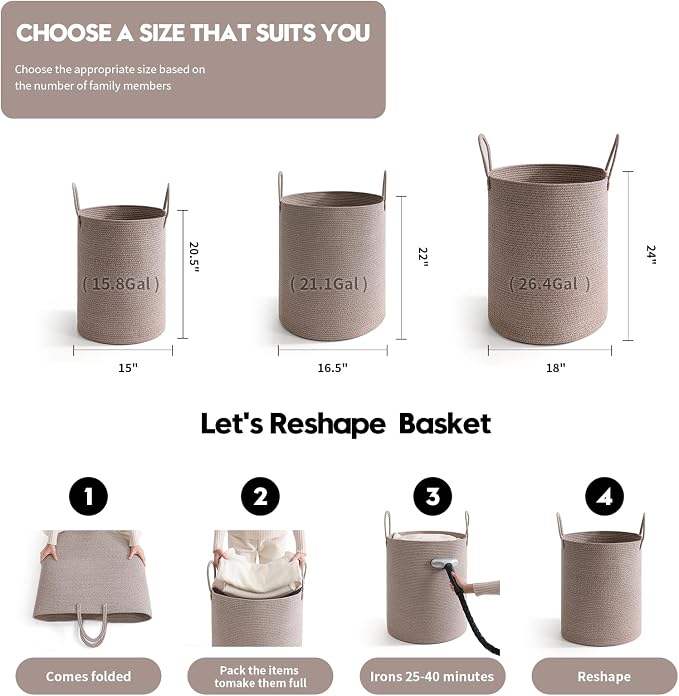 Laundry Basket Hamper Tall Rope Storage Woven for Blanket toys Dirty Clothes in Living Room Bathroom Bedroom (Tan, 80L/21.3Gal)