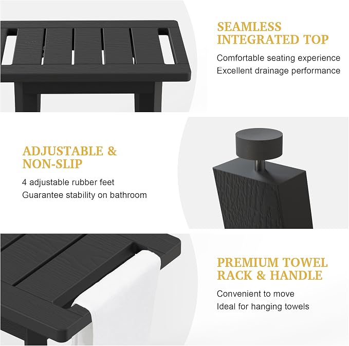 HIPS Shower Bench Inside Shower Stool with Storage Shelf, Waterproof Spa Bath Chair for Bathroom, Seat or Organizer for Living Room, Bedroom - Great for All Ages Unisex Elderly (Small, Black)