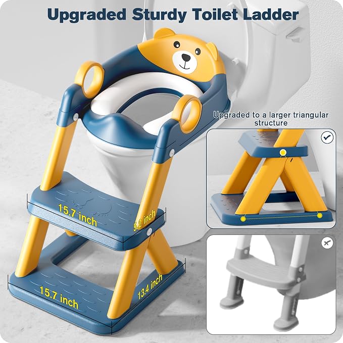 Rabb 1st® Potty Training Seat, Toddler Toilet Seat for Kids Boys Girls, 2 in1 Potty Training Toilet with Step Stool, 6 Adjustable Height, Splash Guard, Stable Triangular Anti-Slip Design