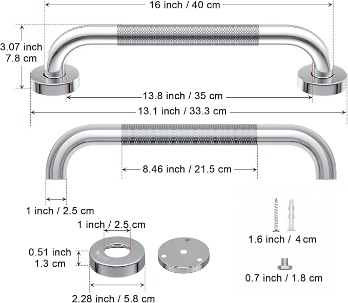 16 Inch Chrome Grab Bar, Grab Bar for Bathtubs and Showers | Anti-Slip Knurled Grip, Stainless Steel, Bathroom Handle for Senior Elderly, Balanced Assist Bar, Wall Mounted Handicap Bars