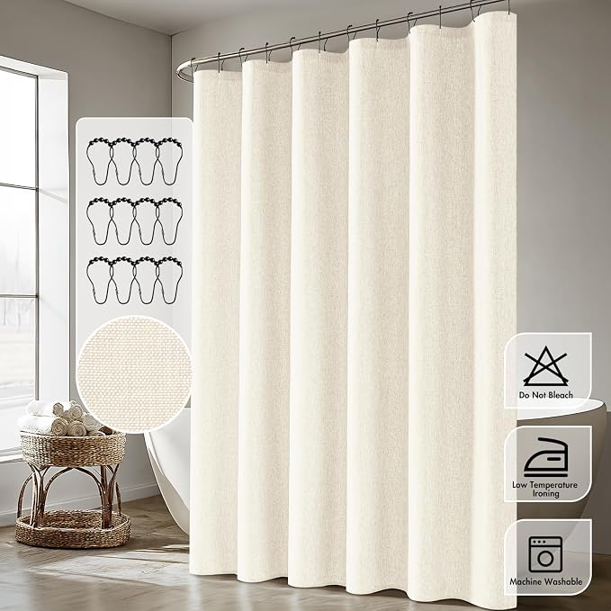ANRODUO Ivory Extra Long Linen Fabric Shower Curtain Set - W72xL108 | Farmhouse Shower Curtain with 12 Metal Hooks, Waterproof Heavy Duty, Button Hole Design, Machine Washable for Bathroom
