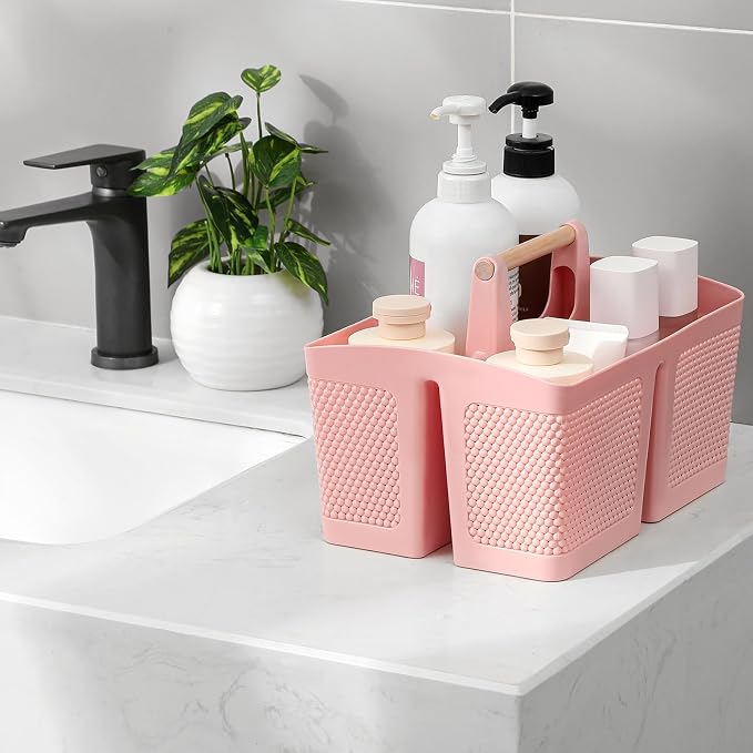 rejomiik Portable Plastic Shower Caddy with Bamboo Handle, Pink | Cleaning Caddy Organizer for Bathroom, College Dorm Room Essentials, Storage Tote