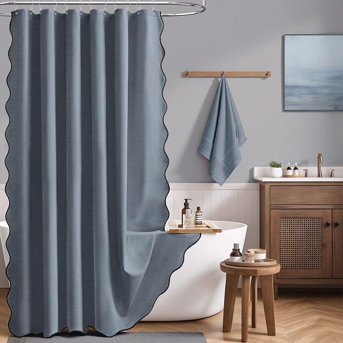 60x72 Boho Scalloped Linen Textured Cloth Shower Curtain, Blue Grey | Narrow Size, 230GSM Waterproof Polyester, Heavy Duty Fabric, 10 Plastic Hooks, Chic Modern Farmhouse Style, Machine Washable
