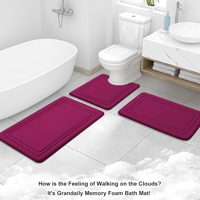 Grandaily Memory Foam Bath Mat Rug 30x20, Ultra Soft, Non-Slip and Absorbent Bathroom Rugs, Machine Wash Dry, Comfortable Bath Carpet for Bathroom Floor, Tub and Shower, Burgundy