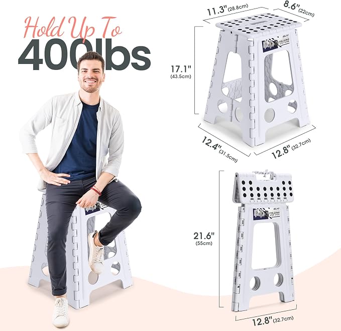 Delxo 17.5 Inch Folding Step Stool,Foldable Step Stool for Adults White | Step Stool with Safety Lock,Portable Collapsible Step Stool,Non-slip Folding Stools for Kitchen Bathroom Bedroom Garden 1PC
