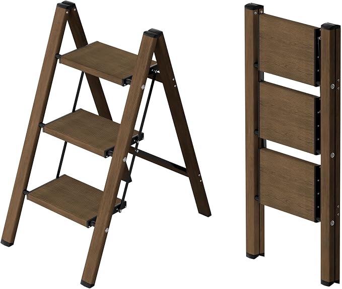 Taranta 3 Step Stool Foldable,Aluminum Step Ladder-Walnut | Lightweight,Wide Anti-Slip Pedals,Folding Stool,330lbs Capacity for Household,Kitchen,Office