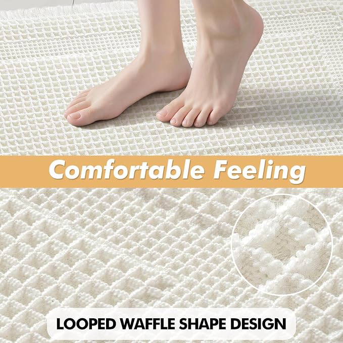 MIULEE Set of 2 Waffle Bathroom Rugs White Boho Bath Mat 17x24+18x30 in | Looped Design, Super Absorbent, Non Slip, Washable, Ultra Soft, Rubber Backed, Bathroom Mats for Floor Tub Shower