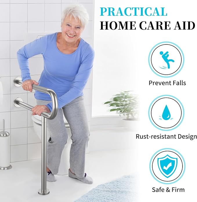 32 Inch Toilet Support Rail, Munzong Satin Brushed Nickel Handicap Grab Bar | Anti-Slip Stainless Steel Knurled Safety handrails with Leg for Bathroom Elderly Disabled Pregnant-1.25’Tube
