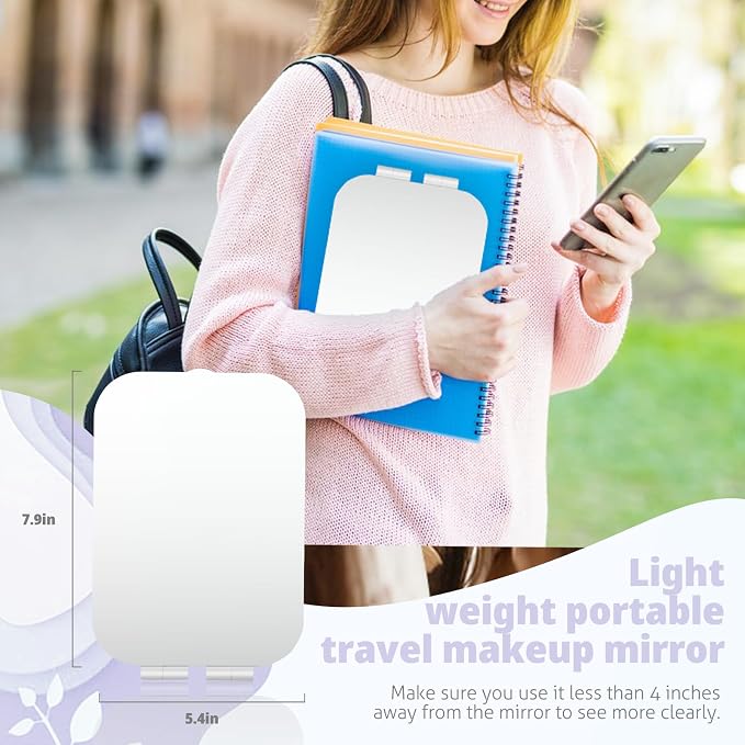 Travel Makeup Mirror, Portable Rechargeable Mirror with Lights | USB-Rechargeable, 3 Color LED Lighting, Adjustable Brightness, 7.9x5.4 inch, 1200mAh Battery, Gift for Women and Girls, White