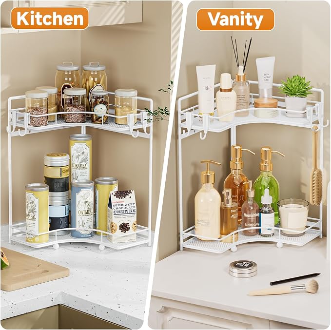 VITVITI 2-Tier Corner Bathroom Counter Organizer, Bathroom Countertop Organizer Storage for Sink, Metal Mesh Makeup Organizer for Vanity Countertop Kitchen with Hooks,White