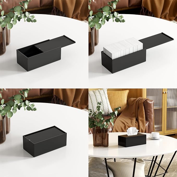 FEMELI Matte Black Long Tissue Boxs Covers Holder Rectangular Acrylic Home | Acrylic Black Matte Tissue Box Cover Modern Decorative Facial Paper Dispenser for Bathroom Bedroom Kitchen