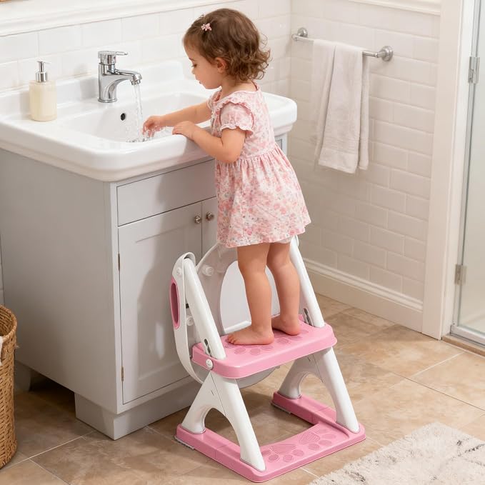 Potty Training Toilet for Toddlers, 2-in-1 Potty Training seat, Anti-Slip | SKYROKU, Fits Round & Elongated Toilets, 6 Heights, Splash Guard, Foldable, Holds 200+ lbs, Step Stool, Dishwasher Cushion