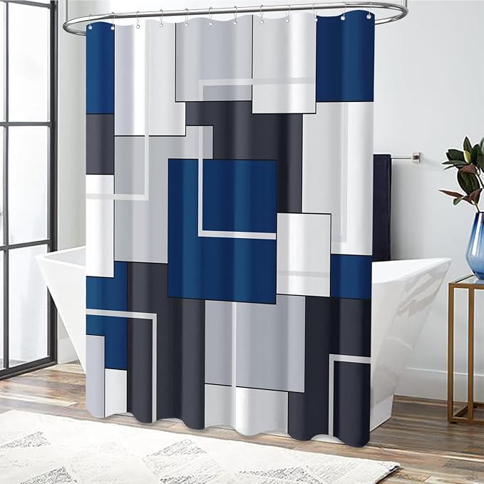 54x78 Modern Geometric Waterproof Fabric Shower Curtain Set, Navy Blue | Narrow Long, Premium Polyester, Weighted Hem, 10 Plastic Hook, Vibrant Color, Wrinkle-resistant, Quick-Dry, Machine Washable