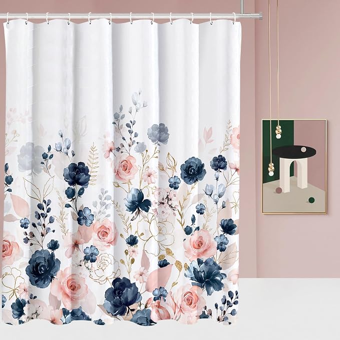 Tititex Aesthetic Navy Pink Rose Floral Shower Curtain Sets, Watercolor Gold Flowers Leaves Bathroom Decorative 71x71 Inch Polyester Waterproof Fabric Bath Curtain with Hooks