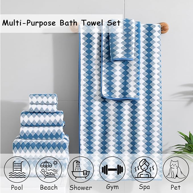 12 Pcs Navy White Diamond Towel Set-4 Bath Towels,4 Hand Towels,4 Washcloths Soft Polyester Towels with Loop Absorbent Shower Towel Quick Dry Beach Chair Towel Family Towels for Bathroom Spa Gym Pool
