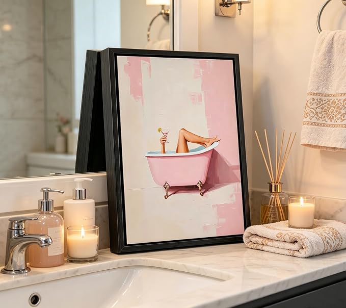 Black Floating Framed Funny Pink Bathroom Canvas Wall Art Trendy Charm Girl Bathtub Painting Picture Wall Decor Martini Cocktail Poster Print Artwork for Restroom Toilet Home Decoration 12x16in