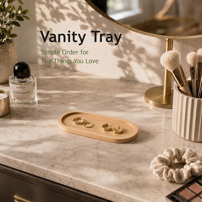 SheeChung Bathroom Counter Tray, Small Bamboo Vanity Tray - 6.9" x 3.5" | Decorative Kitchen Countertop Organizer for Soap Dispenser, Perfume, Jewelry, Catchall, Makeup, Candle, Coffee Table