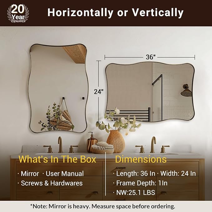 Gold Mirror, 24x36 Scalloped Bathroom Mirror, Brushed Gold Wavy Mirror with Anti-Rust Stainless Steel Frame, Unique Rectangle Mirror with Squiggly Design, Wall Mounted Horizontal/Vertical