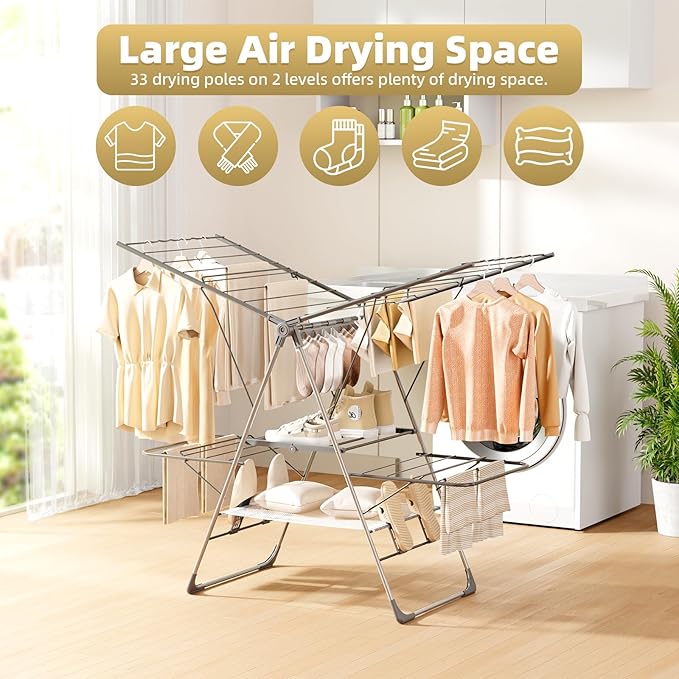 Clothes Drying Rack Foldable, 2-Tier Stainless Steel Heavy Duty Laundry Rack with Adjustable Height Wings, Sock Clips, Space Saving Drying Rack Clothing for Indoor & Outdoor, Apartment, Balcony