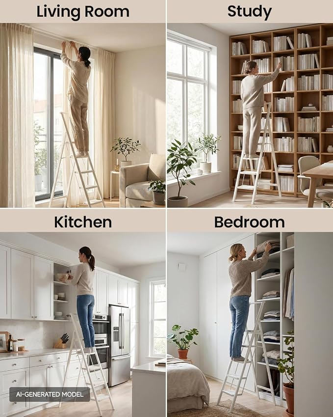 5 Step Ladder, Folding Step Stool, Lightweight Stepladder, White | Reach 10ft;Anti-Slip 7.9'' Wide Pedal;Portable Handrail;Space-Saving;For Kitchen, Home, Library, Office Use;300lbs Capacity