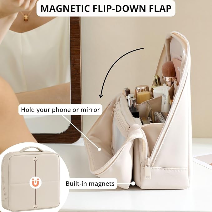tianzong Travel Makeup Bag with Magnetic Fold-Down Flap, Waterproof Leather Cosmetic and Toiletry Organizer for Women, Multi-Zone Standing Storage, Cream, X-Large