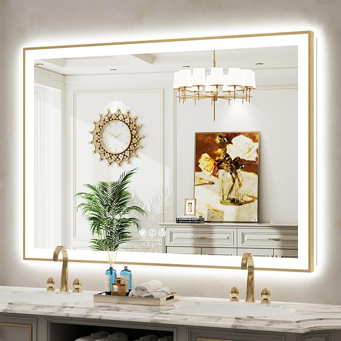 55x40 LED Bathroom Mirror with Lights, Gold Framed Lighted Mirror | Backlit and Front light, Anti-Fog, 3 Color Dimmable, Memory, Tempered Glass, IP54 Waterproof, UL Listed