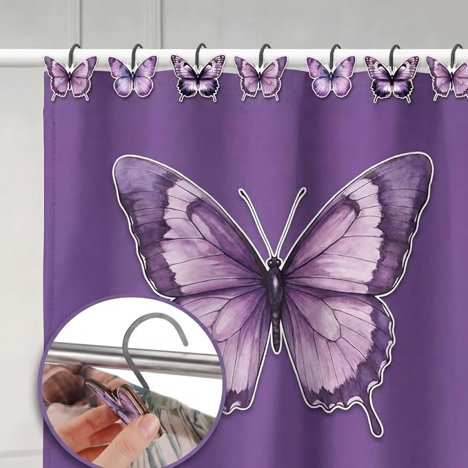 Sawysine 12 Pcs Cow Shower Curtain Hooks Bathroom,Butterfly | Highland Cow Design in 3 Poses, Western Farmhouse Decor for Rustic Bathroom Bedroom, Set Includes Decorative Hangers